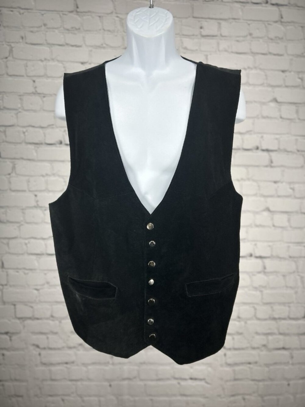 VTG Western Frontier Black Leather Snap Button Up Adjustable Waist Vest Size XL